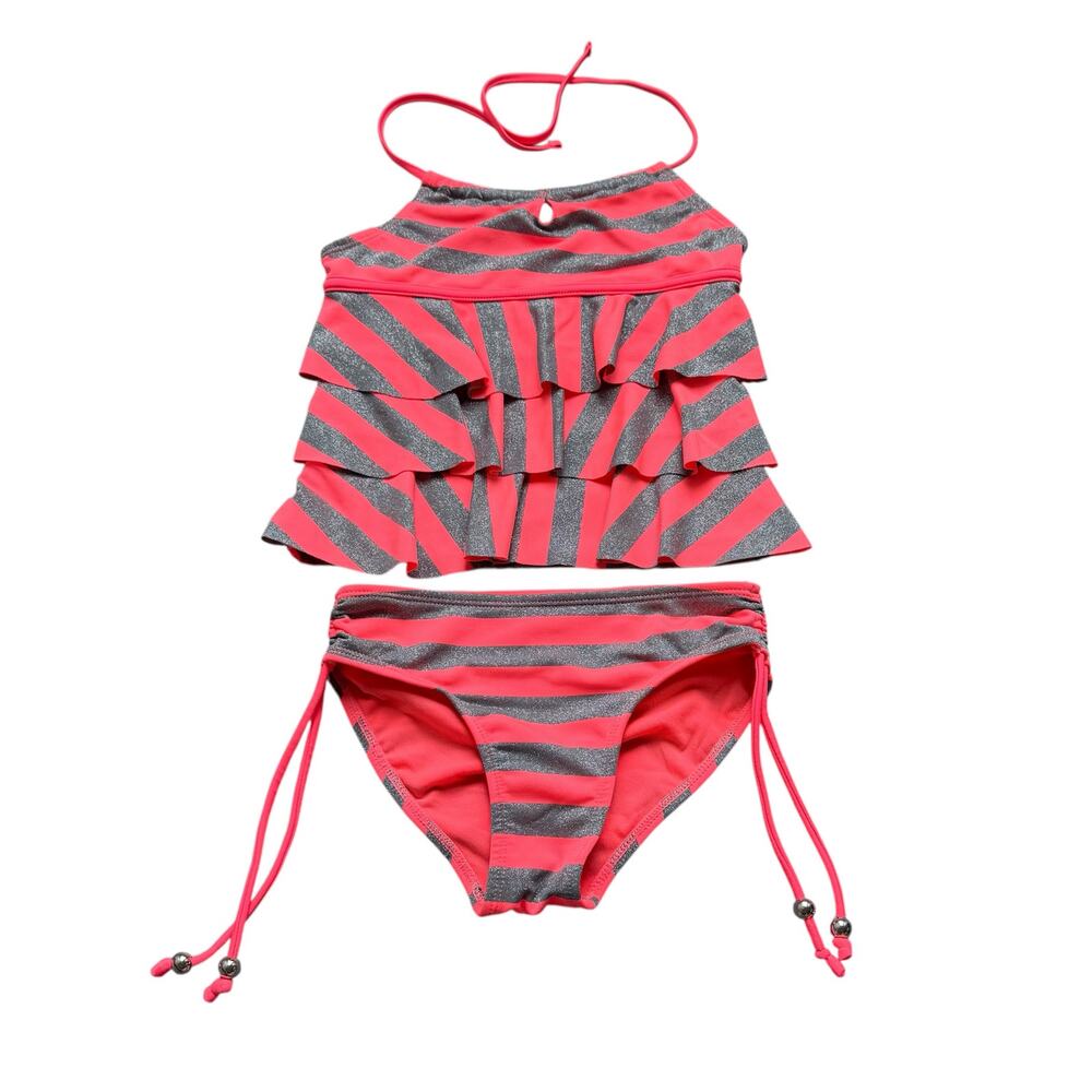 Girls 7 Justice Neon Pink Silver Glitter Stripe Ruffle Halter Tankini Bikini Set